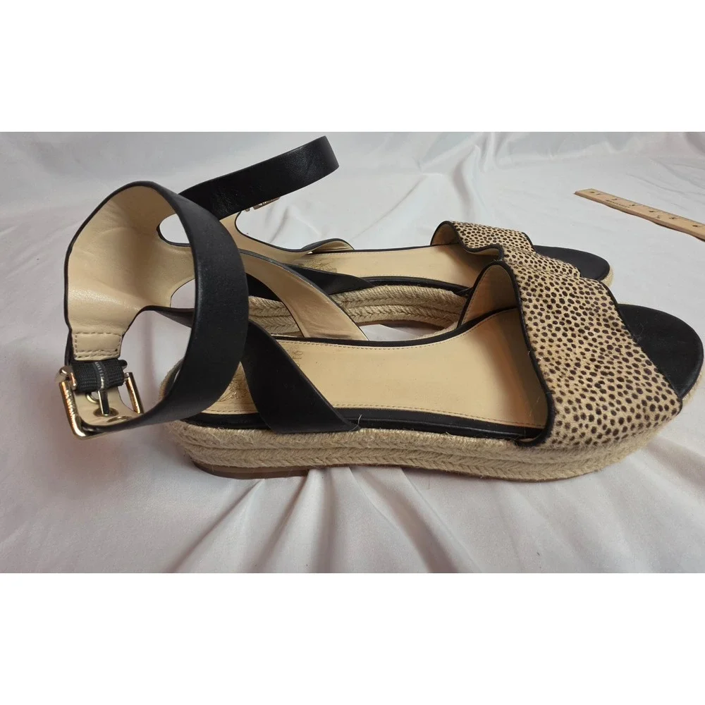 Vince Camuto Kathalia Leopard Haircalf Espadrille Platform Sandals Black Tan 10M